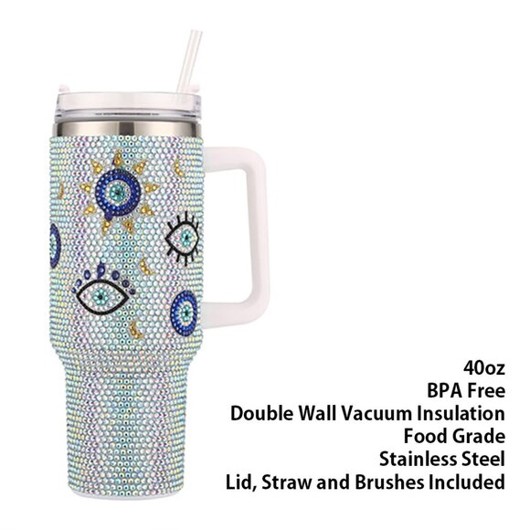 NEW Evil Eye Pink or Blue 40oz Stainless Steel Rhinestone Tumbler Straw Lid SET - Picture 5 of 7